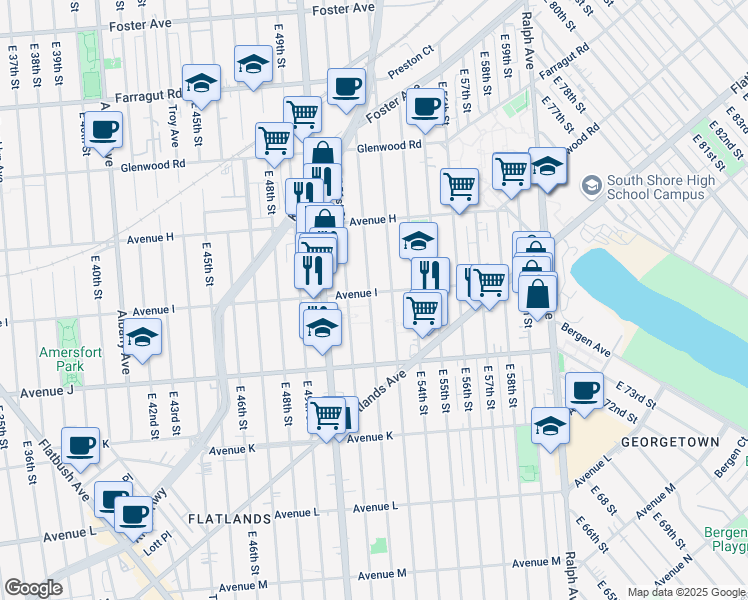 map of restaurants, bars, coffee shops, grocery stores, and more near 5202 Avenue I in Brooklyn