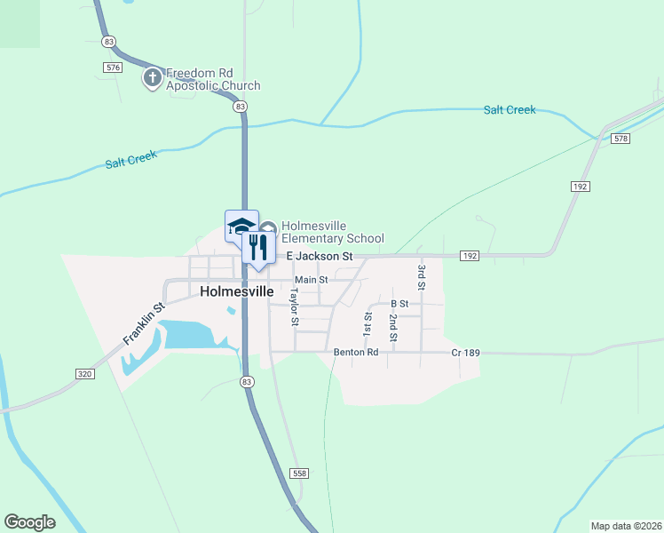 map of restaurants, bars, coffee shops, grocery stores, and more near 310 East Jackson Street in Holmesville
