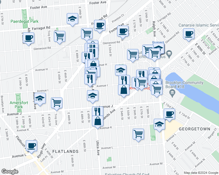 map of restaurants, bars, coffee shops, grocery stores, and more near 5210 Avenue I in Brooklyn