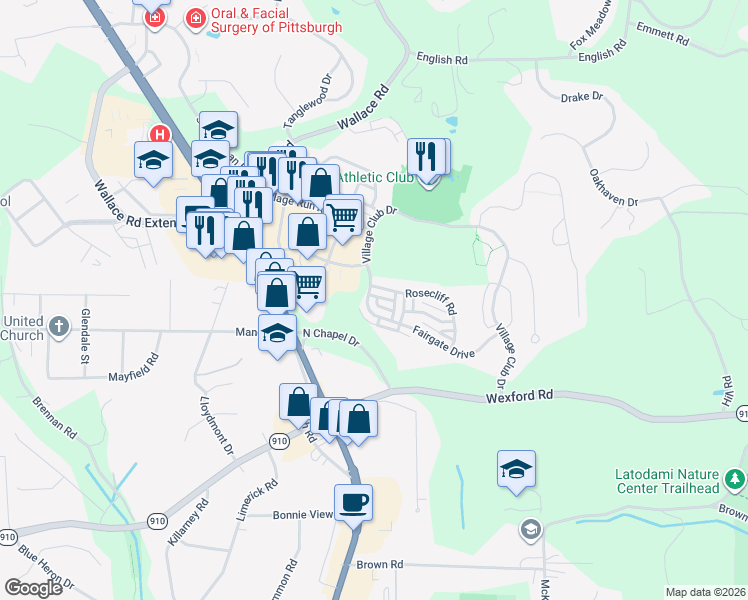 map of restaurants, bars, coffee shops, grocery stores, and more near 300 Fairgate Drive in Wexford