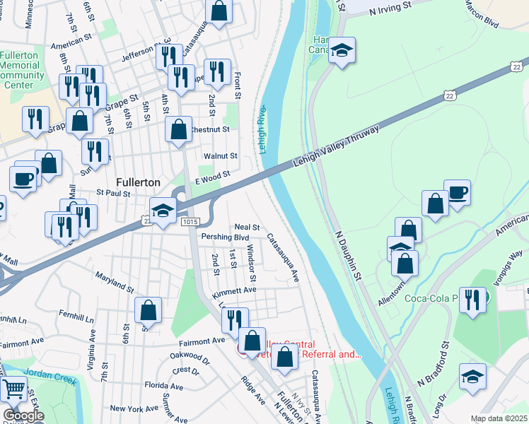 map of restaurants, bars, coffee shops, grocery stores, and more near 577 Catasauqua Avenue in Fullerton