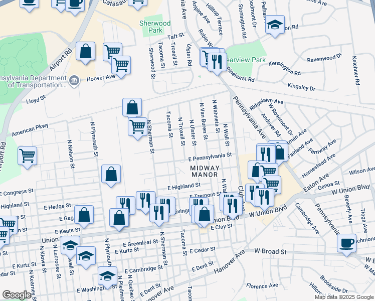 map of restaurants, bars, coffee shops, grocery stores, and more near 1225 Troxell Street in Allentown