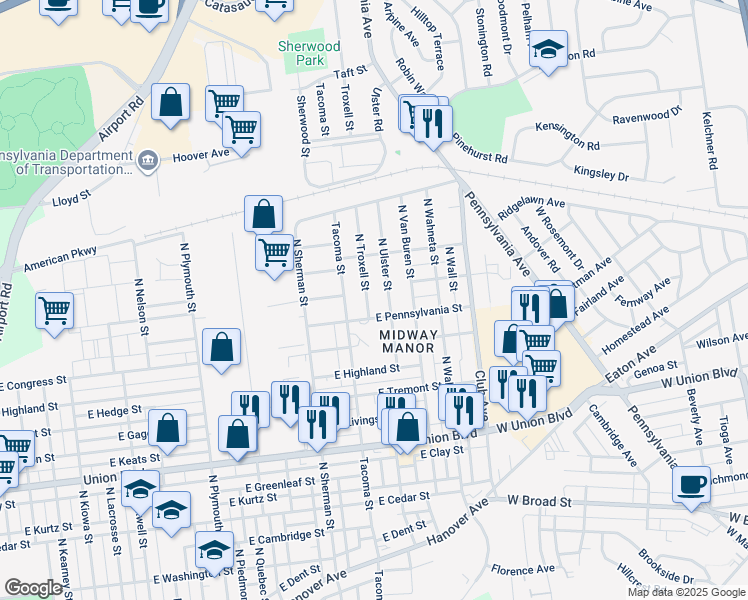 map of restaurants, bars, coffee shops, grocery stores, and more near 1219 Troxell Street in Allentown