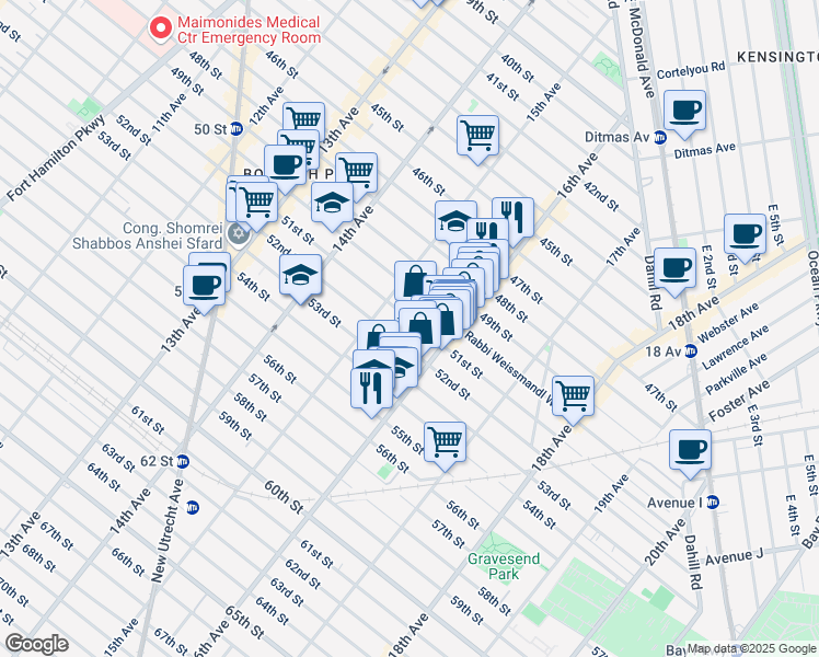 map of restaurants, bars, coffee shops, grocery stores, and more near 1536 51st Street in Brooklyn