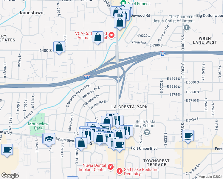 map of restaurants, bars, coffee shops, grocery stores, and more near 6649 South Village Road in Cottonwood Heights