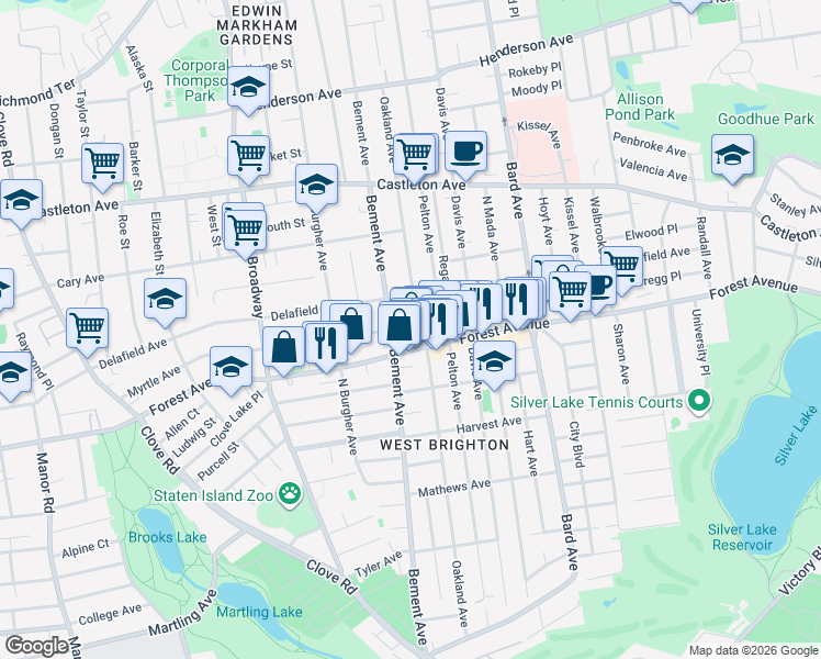 map of restaurants, bars, coffee shops, grocery stores, and more near 460 Oakland Avenue in Staten Island