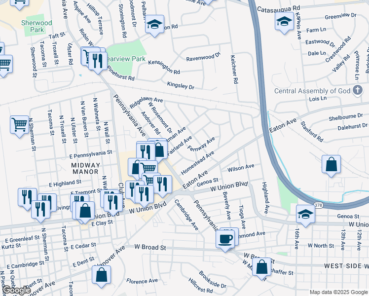 map of restaurants, bars, coffee shops, grocery stores, and more near 2041 Fernway Avenue in Bethlehem