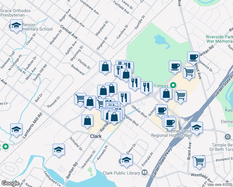 map of restaurants, bars, coffee shops, grocery stores, and more near 3 Myra Place in Clark