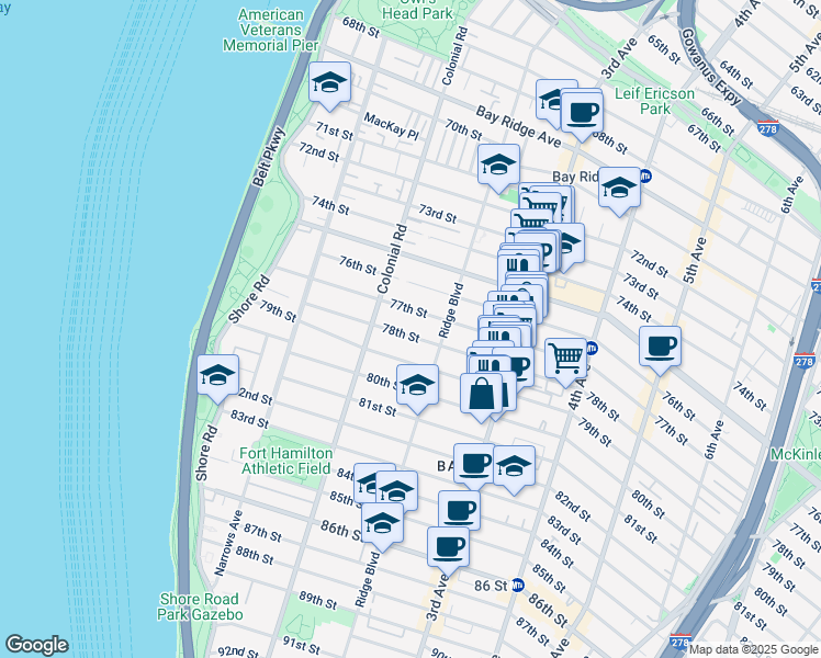 map of restaurants, bars, coffee shops, grocery stores, and more near 145 78th Street in Brooklyn