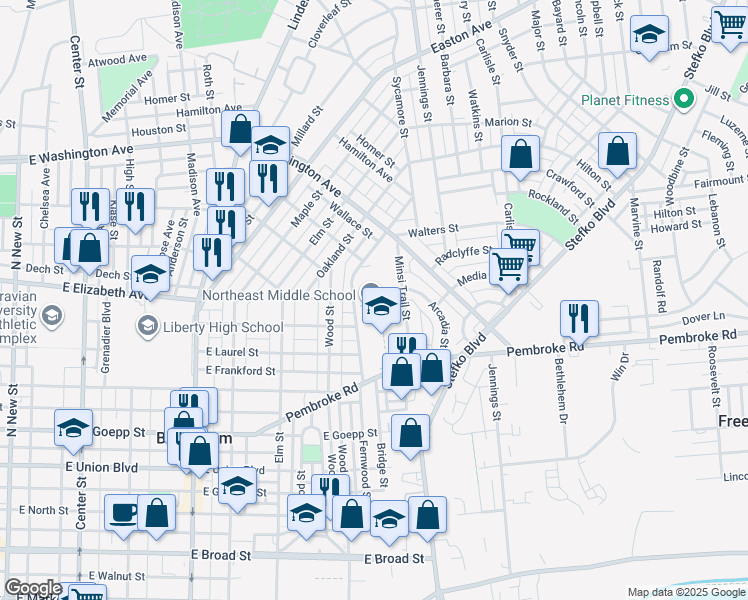 map of restaurants, bars, coffee shops, grocery stores, and more near 1170 Fernwood Street in Bethlehem