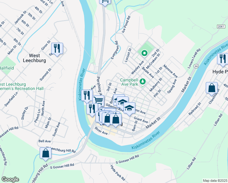map of restaurants, bars, coffee shops, grocery stores, and more near 126 Floral Avenue in Leechburg