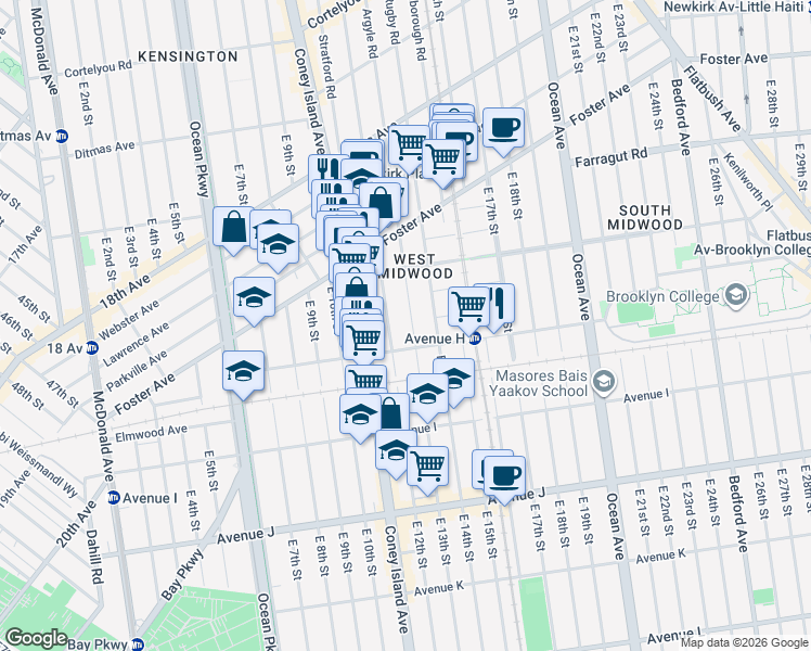map of restaurants, bars, coffee shops, grocery stores, and more near 765 Westminster Road in Brooklyn
