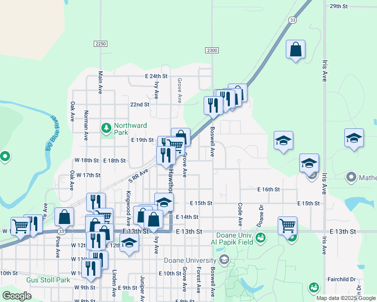map of restaurants, bars, coffee shops, grocery stores, and more near 1840 Grove Avenue in Crete