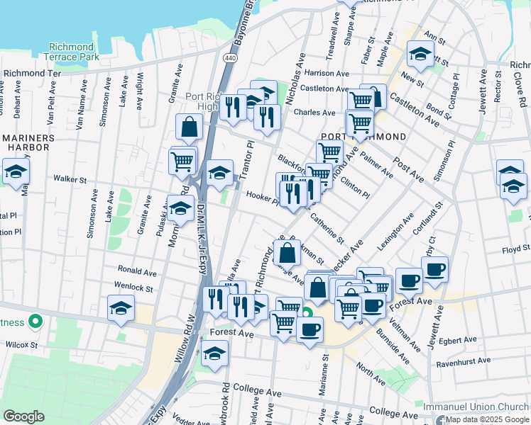 map of restaurants, bars, coffee shops, grocery stores, and more near 43 Walker Street in Staten Island