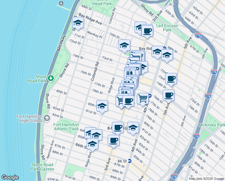 map of restaurants, bars, coffee shops, grocery stores, and more near 7701 Ridge Boulevard in Brooklyn
