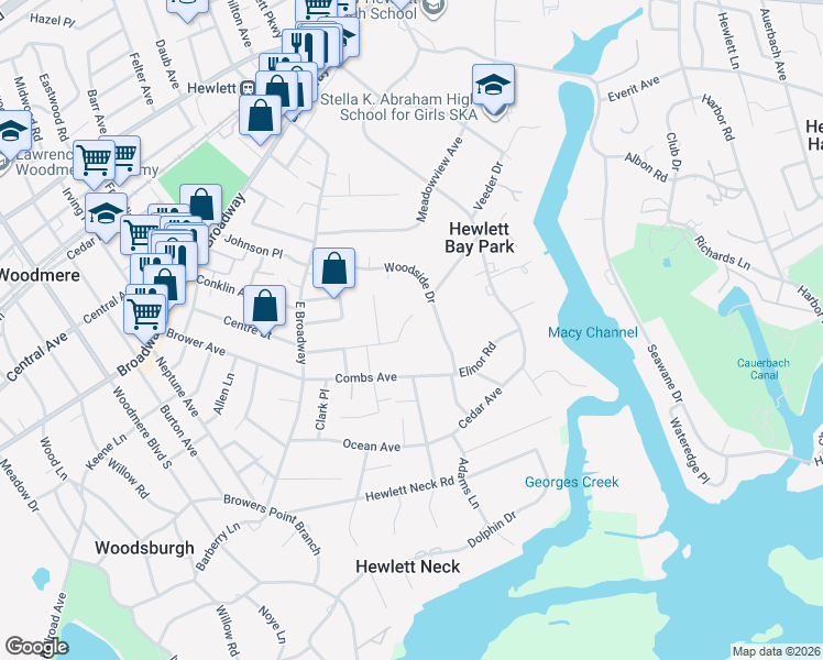 map of restaurants, bars, coffee shops, grocery stores, and more near 183 Lefferts Road in Woodmere