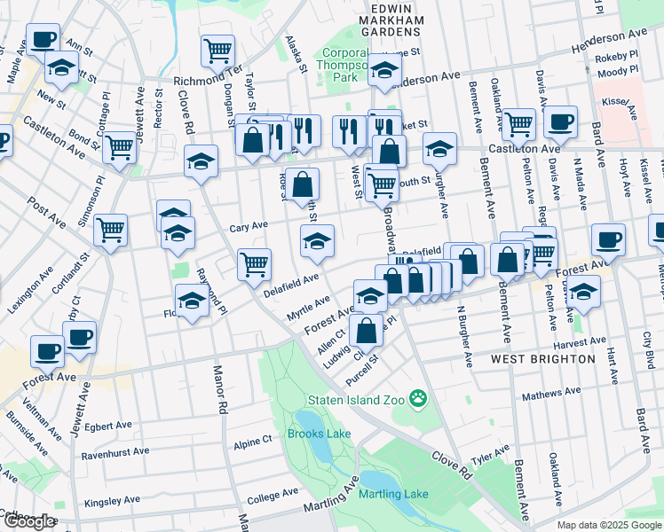 map of restaurants, bars, coffee shops, grocery stores, and more near 623 Delafield Avenue in Staten Island