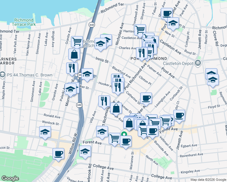 map of restaurants, bars, coffee shops, grocery stores, and more near 17 Hooker Place in Staten Island