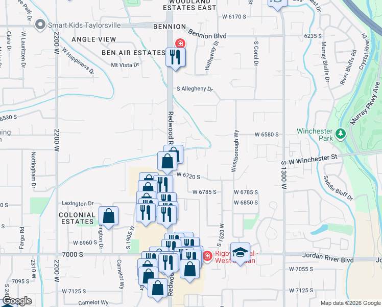 map of restaurants, bars, coffee shops, grocery stores, and more near 6653 South Dale Park Circle in Taylorsville