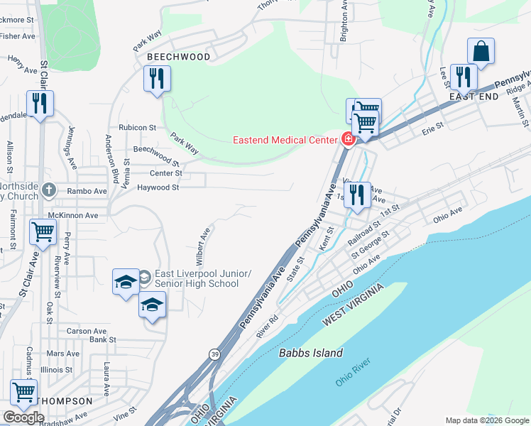 map of restaurants, bars, coffee shops, grocery stores, and more near 414 Wilbert Avenue in East Liverpool