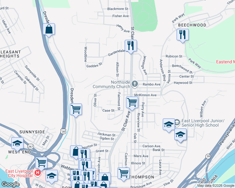 map of restaurants, bars, coffee shops, grocery stores, and more near 1401 Fairmont Street in East Liverpool