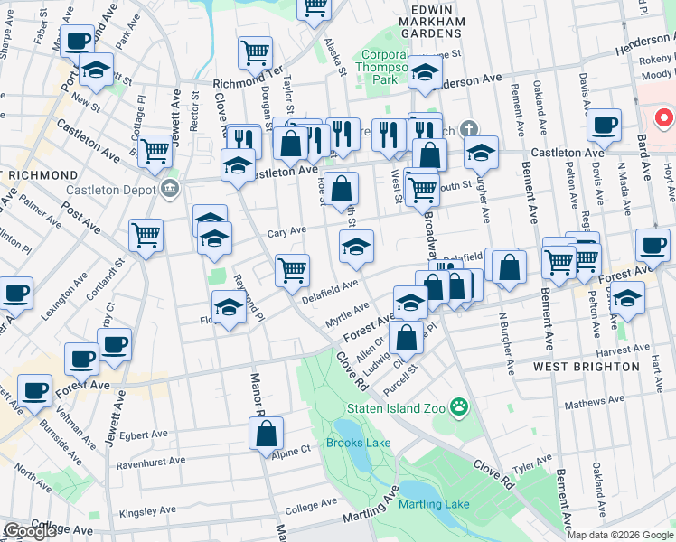 map of restaurants, bars, coffee shops, grocery stores, and more near 139 Roe Street in Staten Island