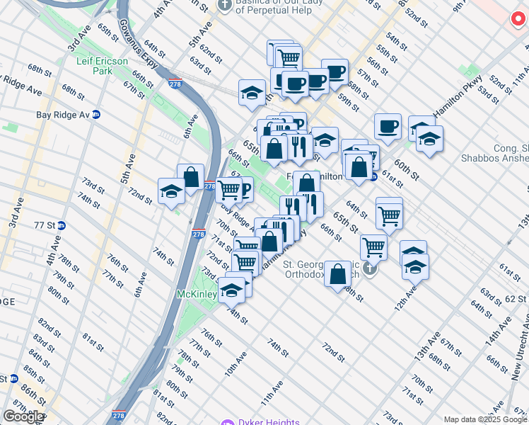 map of restaurants, bars, coffee shops, grocery stores, and more near 839 68th Street in Brooklyn
