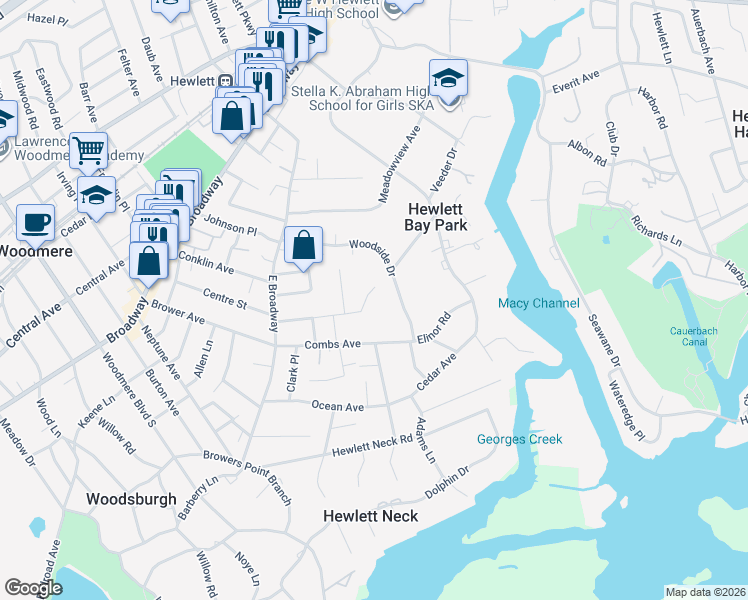 map of restaurants, bars, coffee shops, grocery stores, and more near 183 Lefferts Road in Woodmere