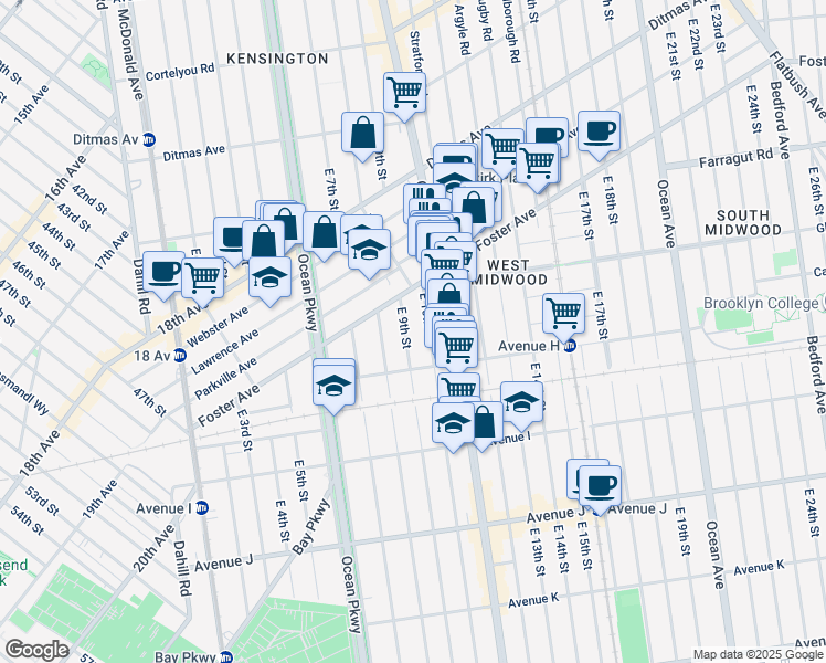 map of restaurants, bars, coffee shops, grocery stores, and more near 751 East 9th Street in Brooklyn