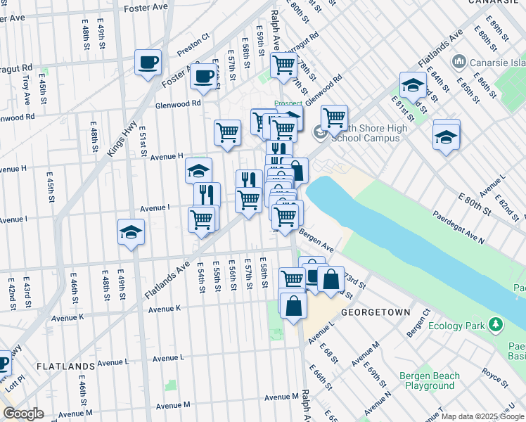 map of restaurants, bars, coffee shops, grocery stores, and more near 995 East 58th Street in Brooklyn