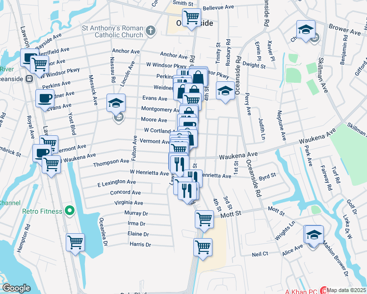 map of restaurants, bars, coffee shops, grocery stores, and more near 3312 Long Beach Road in Oceanside