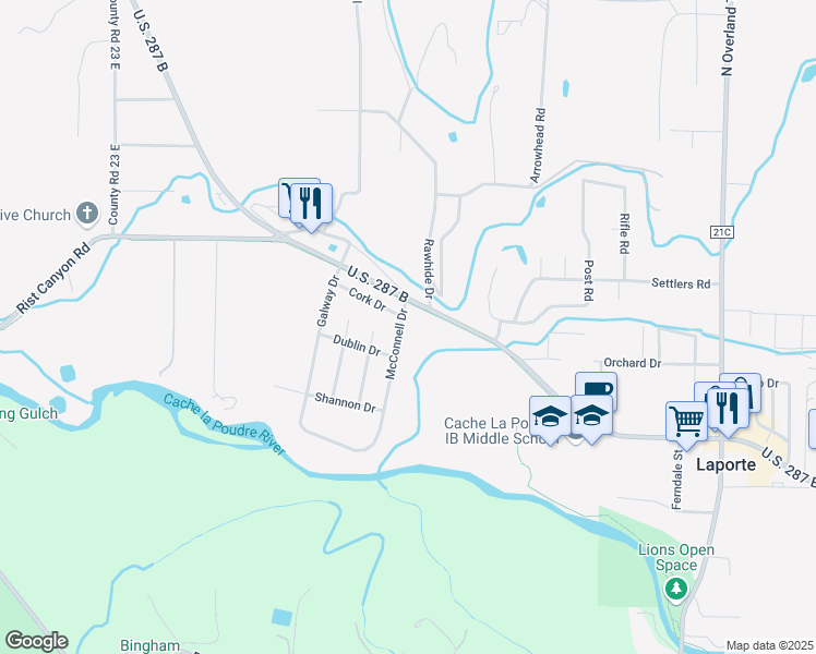 map of restaurants, bars, coffee shops, grocery stores, and more near 3416 McConnell Drive in Laporte