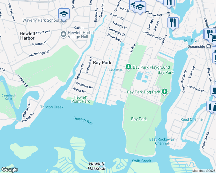 map of restaurants, bars, coffee shops, grocery stores, and more near 123 West Boulevard in East Rockaway