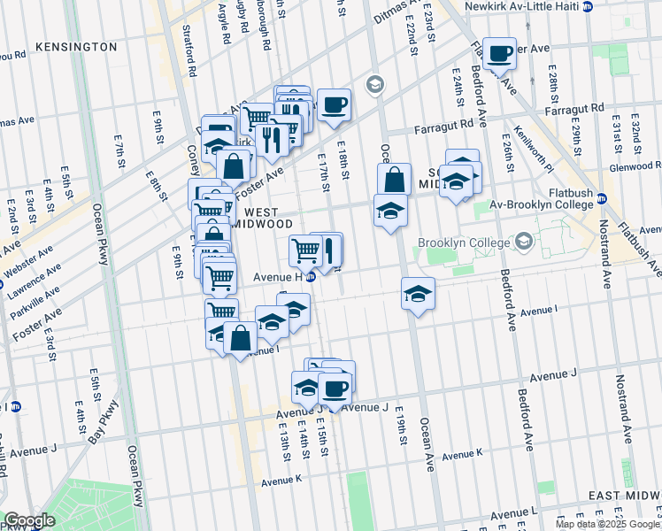map of restaurants, bars, coffee shops, grocery stores, and more near 832 East 17th Street in Brooklyn