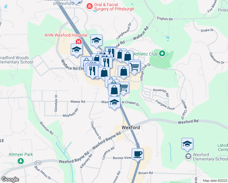 map of restaurants, bars, coffee shops, grocery stores, and more near U.S. 19 in Wexford