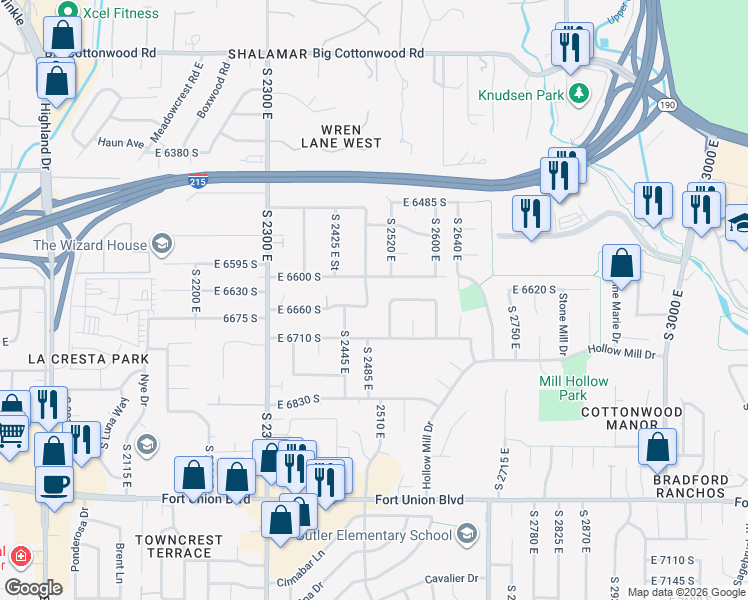map of restaurants, bars, coffee shops, grocery stores, and more near 6639 South Guntherwoods Lane in Cottonwood Heights