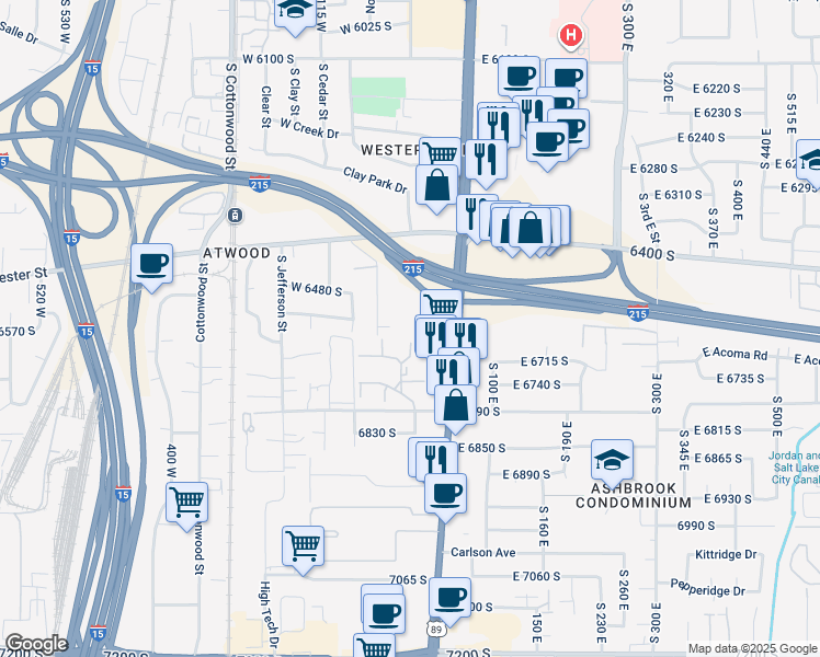 map of restaurants, bars, coffee shops, grocery stores, and more near 6526 State Street in Murray