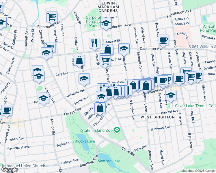 map of restaurants, bars, coffee shops, grocery stores, and more near 438 Broadway in Staten Island