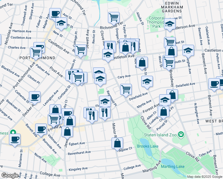 map of restaurants, bars, coffee shops, grocery stores, and more near 57 Lyceum Court in Staten Island