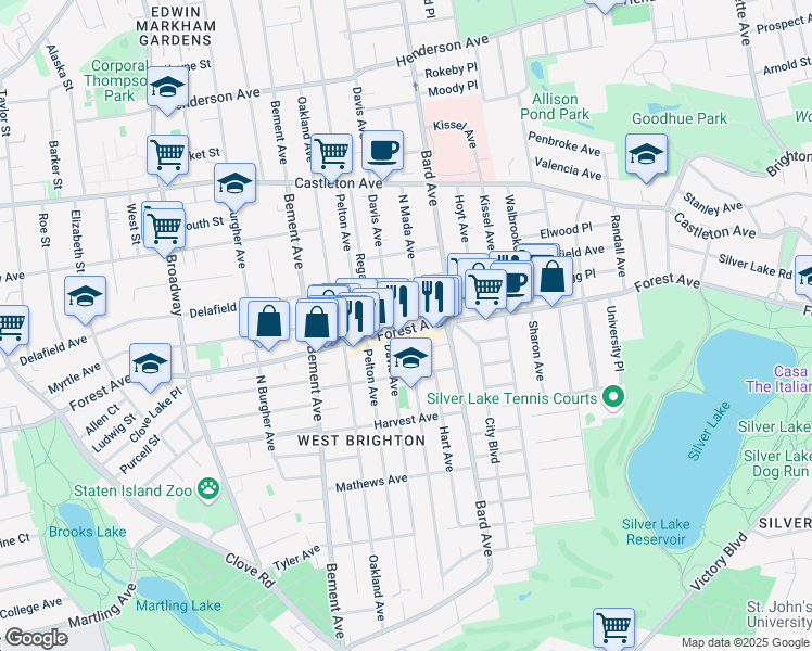map of restaurants, bars, coffee shops, grocery stores, and more near 525 Forest Avenue in Staten Island