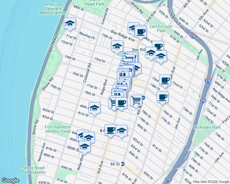 map of restaurants, bars, coffee shops, grocery stores, and more near 249 77th Street in Brooklyn