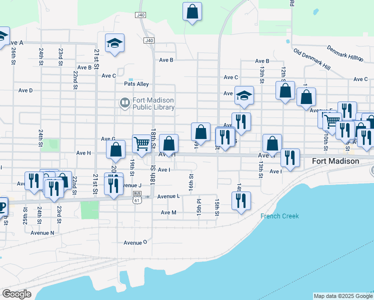 map of restaurants, bars, coffee shops, grocery stores, and more near 1615 Avenue H in Fort Madison