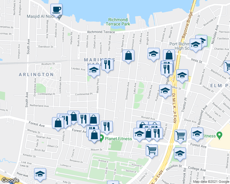 map of restaurants, bars, coffee shops, grocery stores, and more near 228 Van Name Avenue in Staten Island