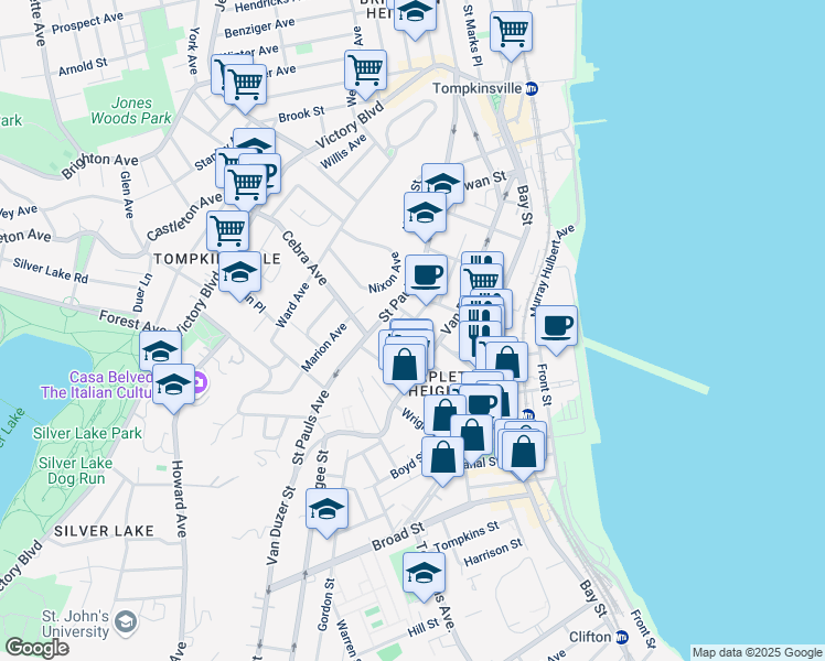 map of restaurants, bars, coffee shops, grocery stores, and more near 320 Van Duzer Street in Staten Island