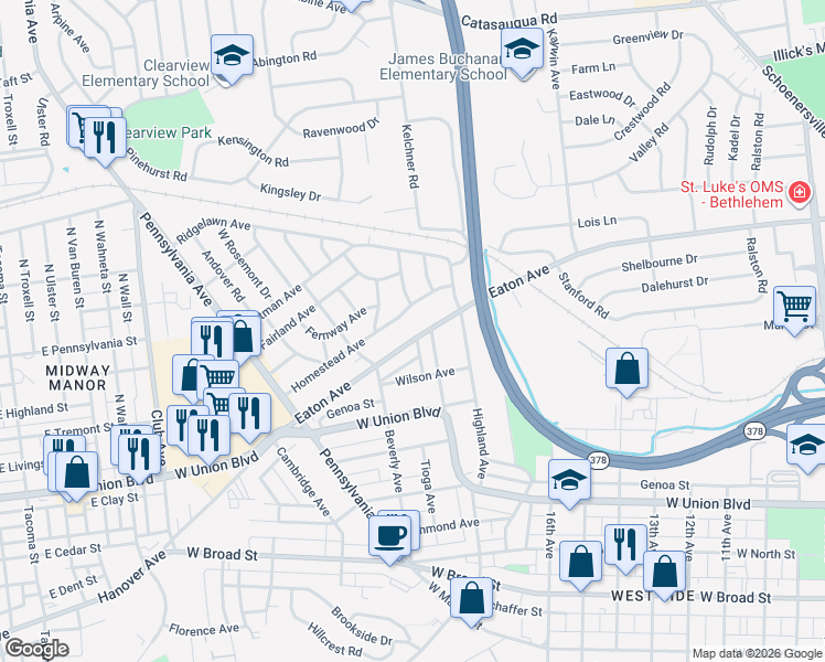 map of restaurants, bars, coffee shops, grocery stores, and more near 1856 Eaton Avenue in Bethlehem