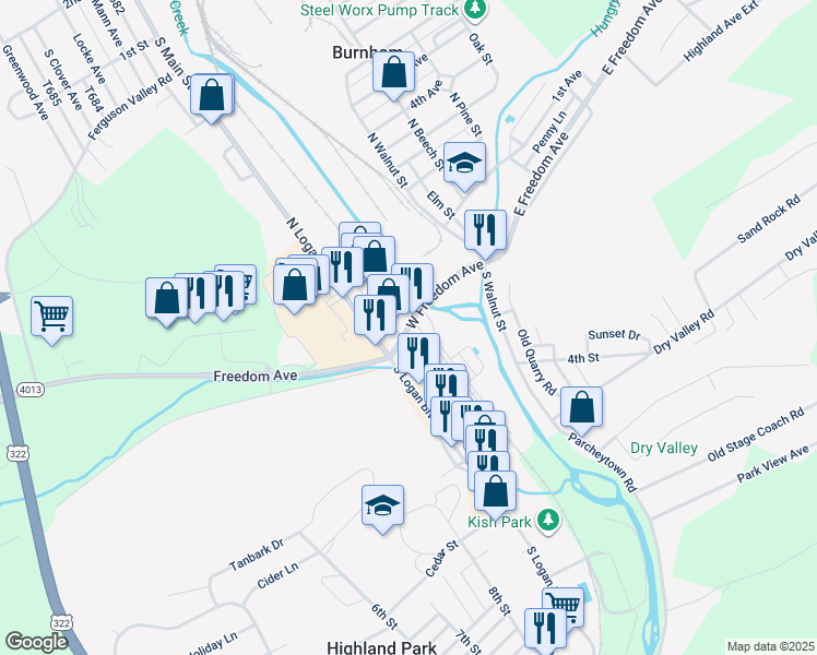 map of restaurants, bars, coffee shops, grocery stores, and more near in Burnham