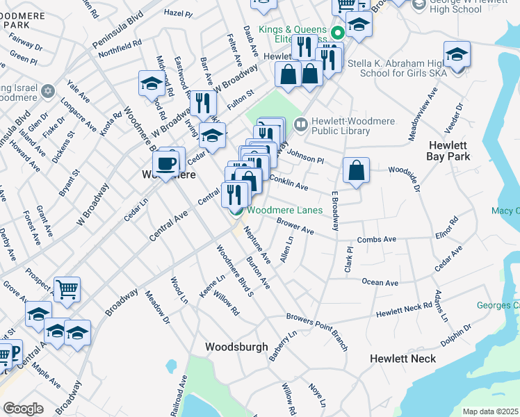 map of restaurants, bars, coffee shops, grocery stores, and more near 18 Brower Avenue in Woodmere