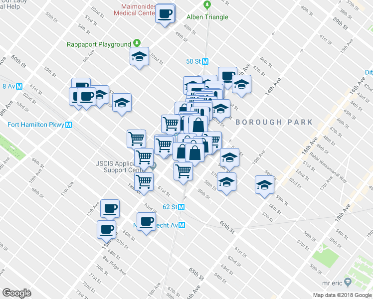 map of restaurants, bars, coffee shops, grocery stores, and more near 1301 57th St in Brooklyn