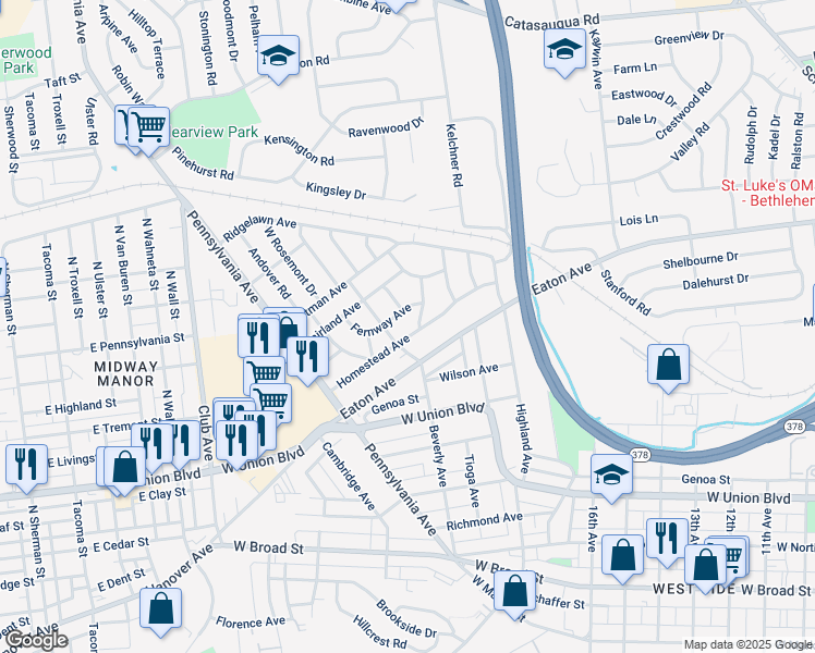map of restaurants, bars, coffee shops, grocery stores, and more near 1869 Homestead Avenue in Bethlehem