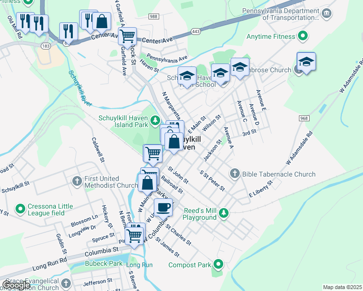map of restaurants, bars, coffee shops, grocery stores, and more near 200 East Main Street in Schuylkill Haven